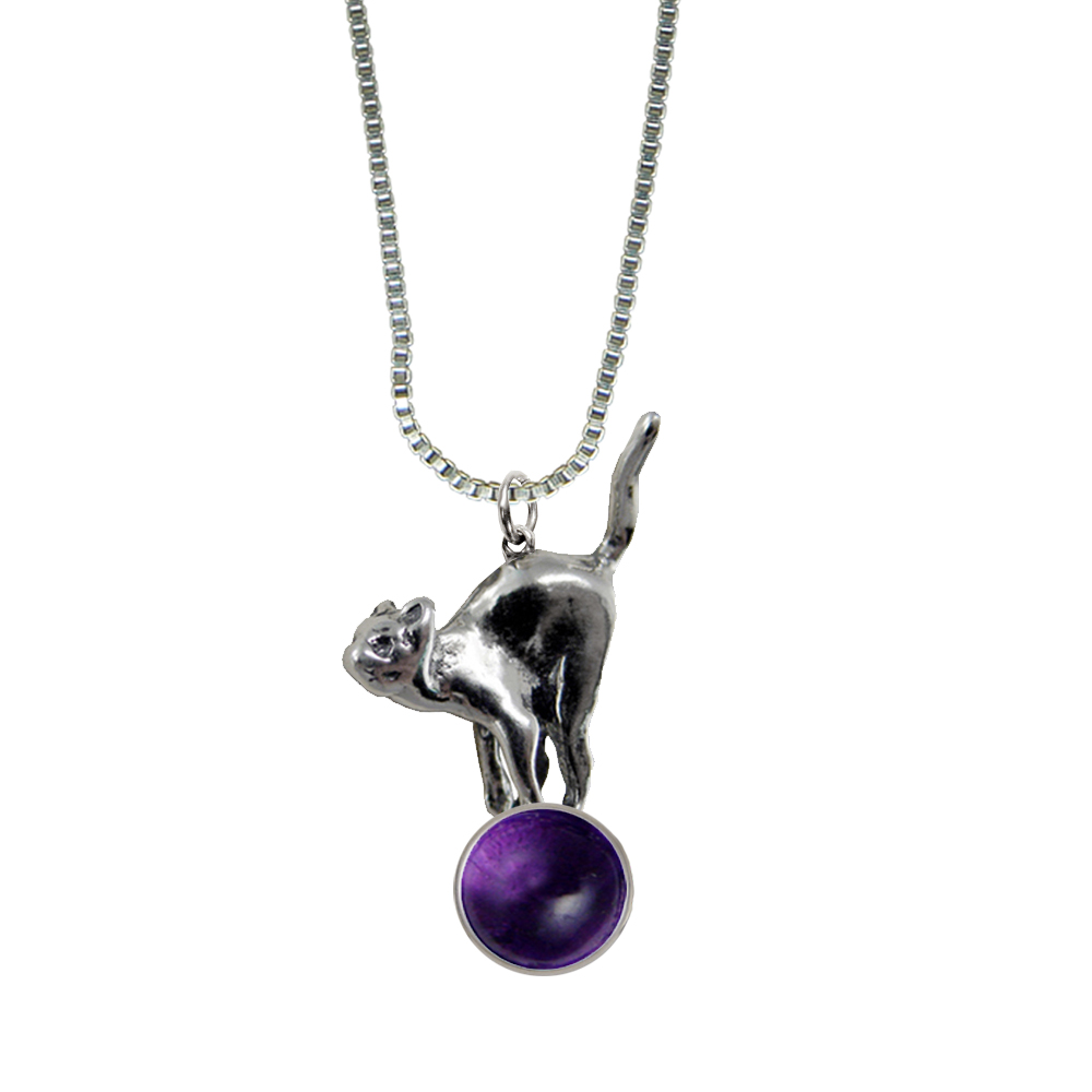 Sterling Silver Playful Kitty Cat About To Jump Pendant With Amethyst
